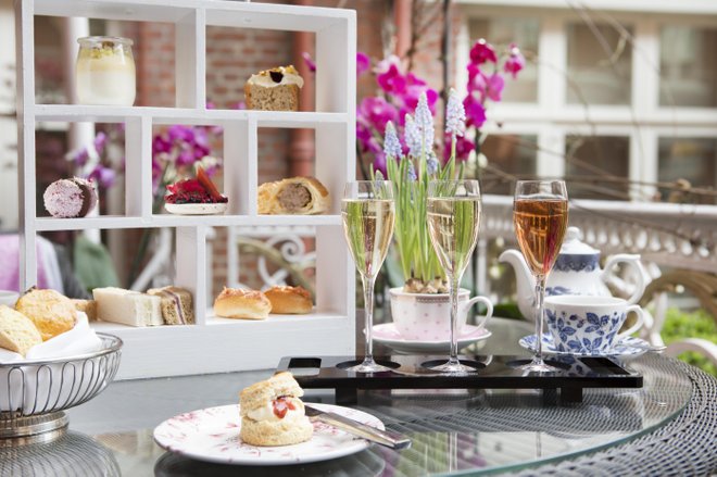 Classic afternoon tea on the terrace of the St. Ermins Tea Lounge.