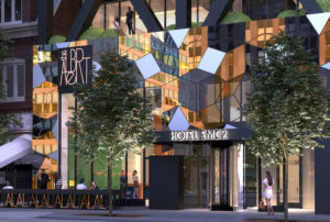 A rendering of the exterior, designed by KOO. Courtesy of Hotel EMC2