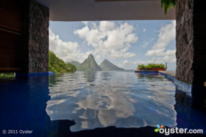 The pool and view from The Room at the Jade Mountain Resort; St. Lucia